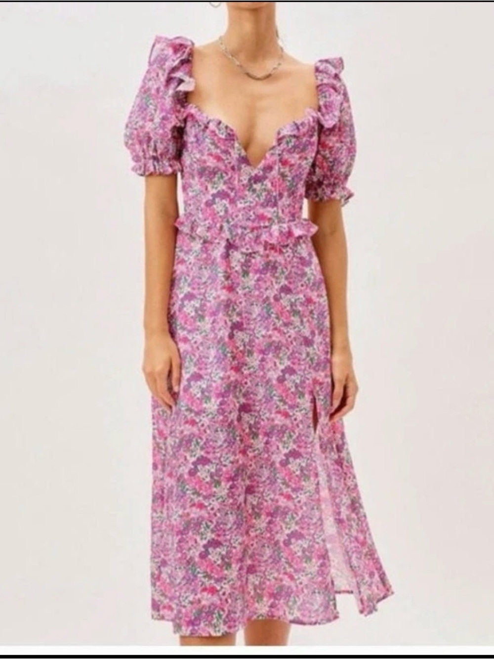 For love & lemon Floral Pink Puff-Sleeve Midi Dress